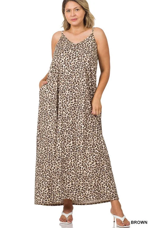 Plus Size Leopard V-Neck Cami Maxi Dress Stylish One-Shoulder Maxi Dress