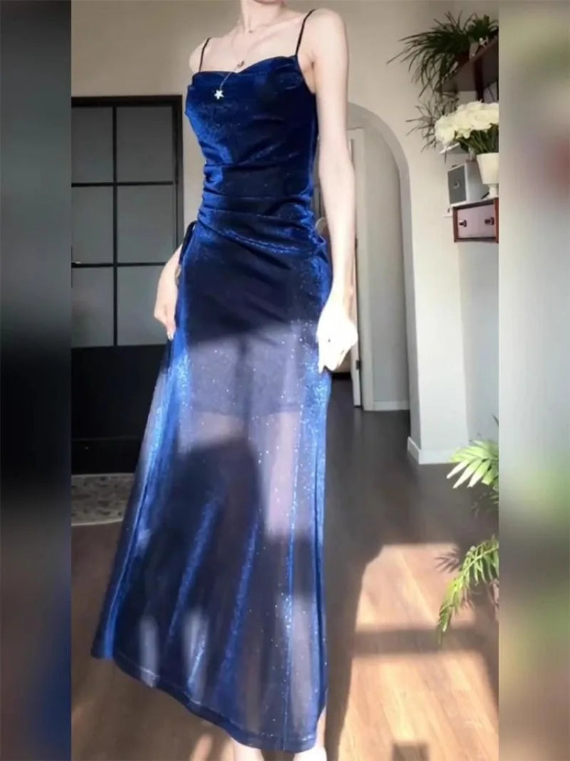 LIZAKOSHT -  Women's Drape Neck Formal Maxi Dresses French Elegant Shinny Cocktail Party Dress Spaghetti Straps Mermaid Evening Gown Stylish Longline Maxi Dress