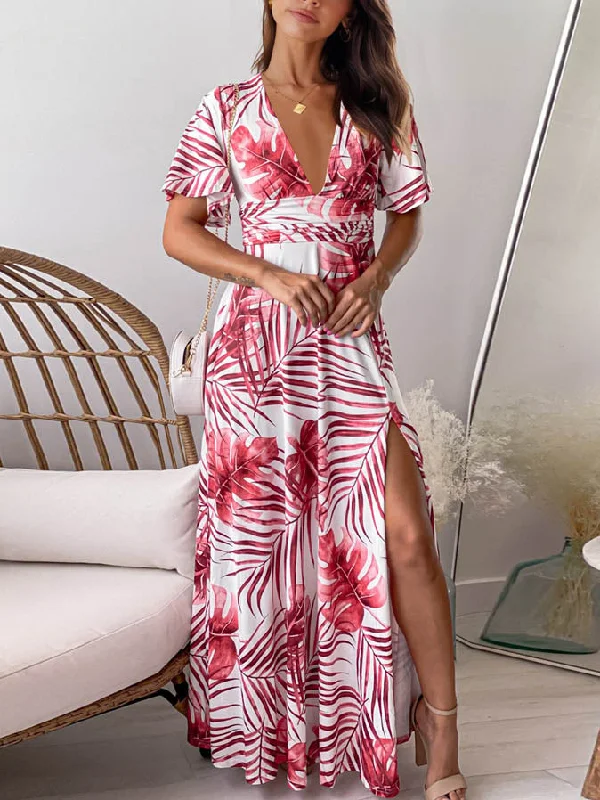 Long Side Split V Neck Short Sleeve Maxi Dress Trendy Floral Print Maxi Dress
