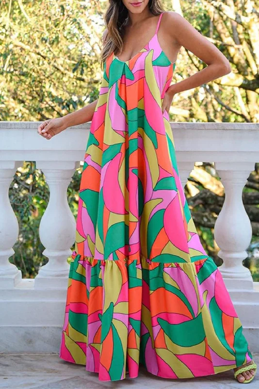 Multicolor Boho Geometric Print Sleeveless Maxi Dress Chic Summer Maxi Dress