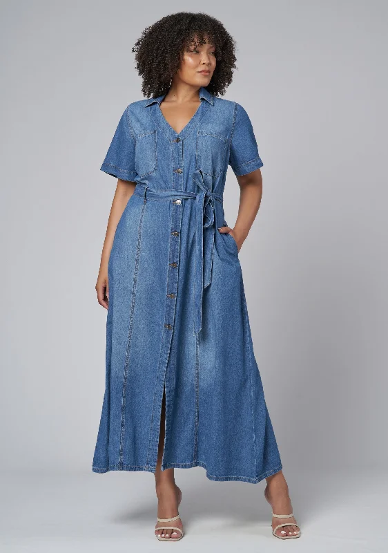 Naomi Chambray Maxi Dress Elegant Maxi Dress with Ruffles