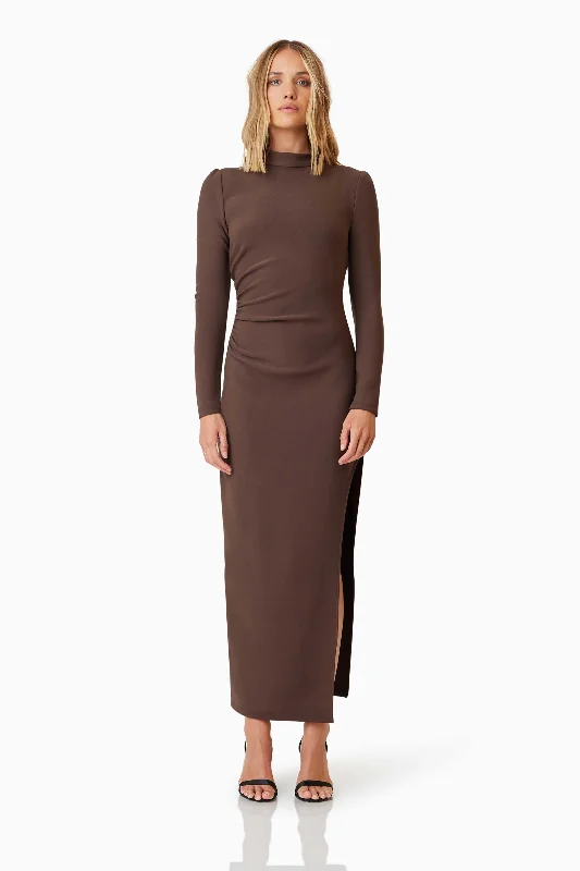 Nola Long Sleeve Maxi Dress In Brown Fashionable Button-Down Maxi Dress
