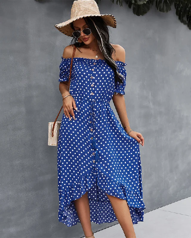 Off Shoulder Polka Dot Button Down Maxi Dress Elegant Floral Maxi Dress