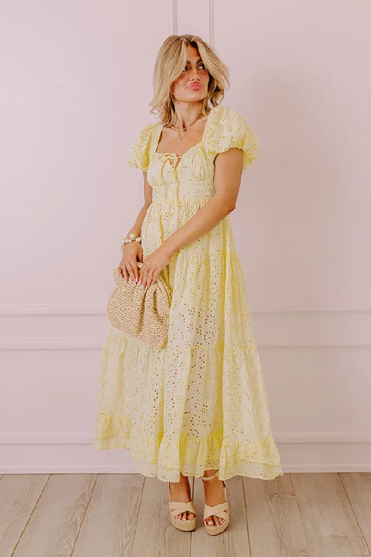 Oh So Sweet Eyelet Maxi Dress in Yellow Cozy Ruffle Sleeve Maxi Dress