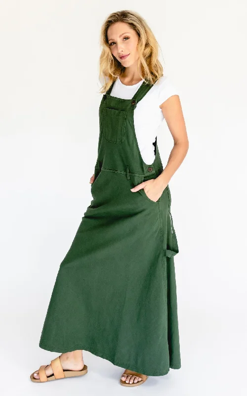Overall Maxi Dress - Green Elegant Maxi Dress with Pockets