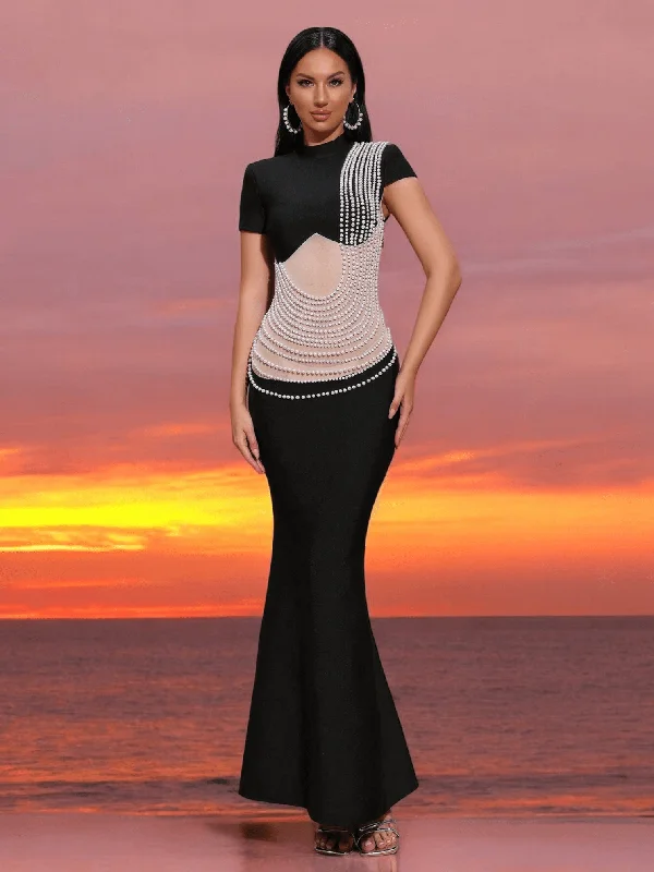 Pearl Chain Design Velvet Maxi Dress Cozy Maxi Dress with Slit