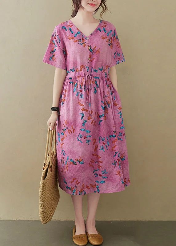 Plus Size Pink V Neck Button Party Maxi Dress Short Sleeve Stylish V-Neck Maxi Dress