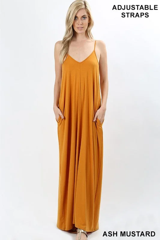 Pocket V-Neck Maxi Dress Comfortable Maxi Dress with Sleeves