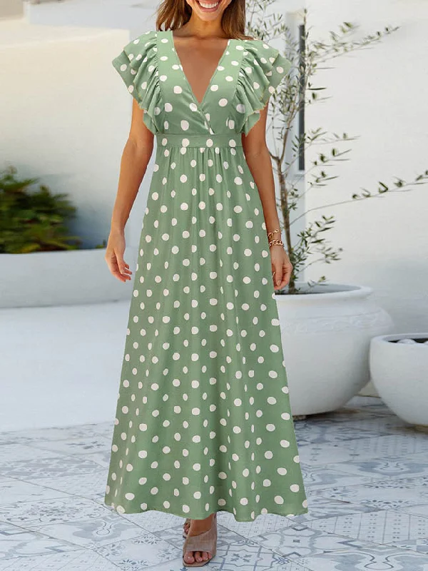 Polka Dot V Neck Cap Sleeve Maxi Dress Stylish Maxi Dress with Frills