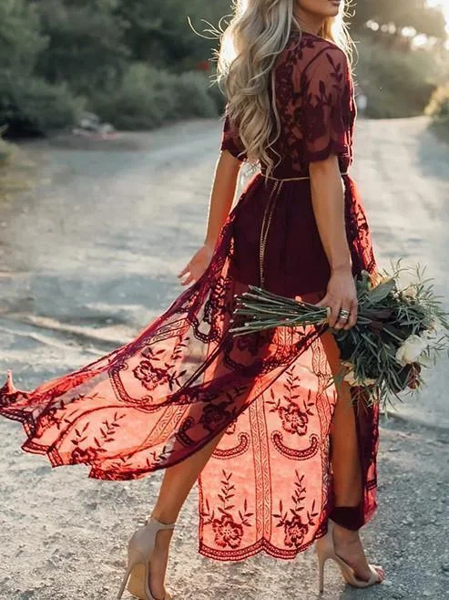 Pretty Sexy Lace Solid Color Short Sleeve Deep V Neck Side Split Maxi Dress Classic A-Line Maxi Dress Pretty Sexy Lace Solid Color Short Sleeve Deep V Neck Side Split Maxi Dress Classic A-Line Maxi Dress