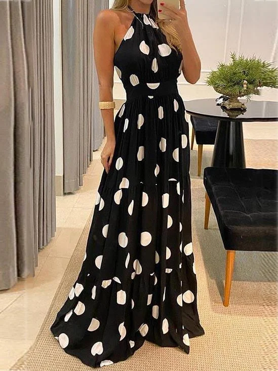Printed Halter Backless Maxi Dress Classic Black Maxi Dress