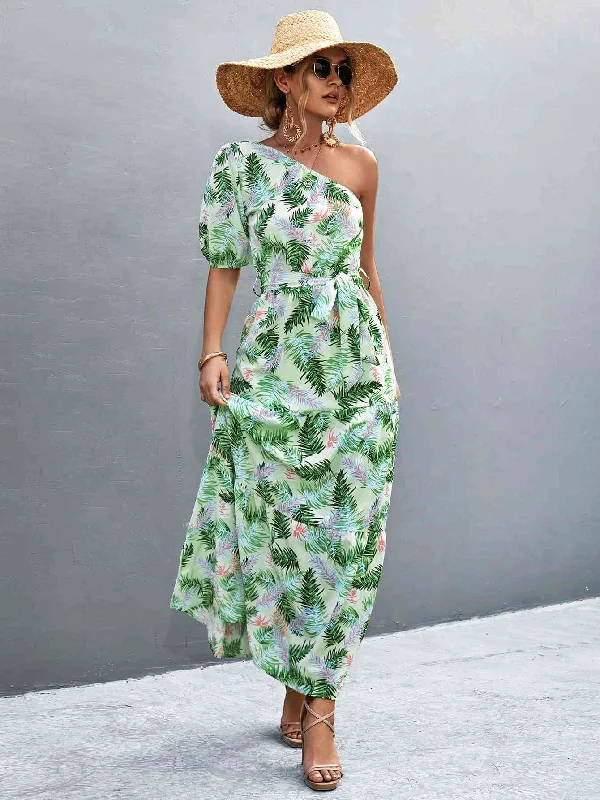 Printed Tie Waist One Shoulder Maxi Dress Fashionable Chiffon Tiered Maxi Dress