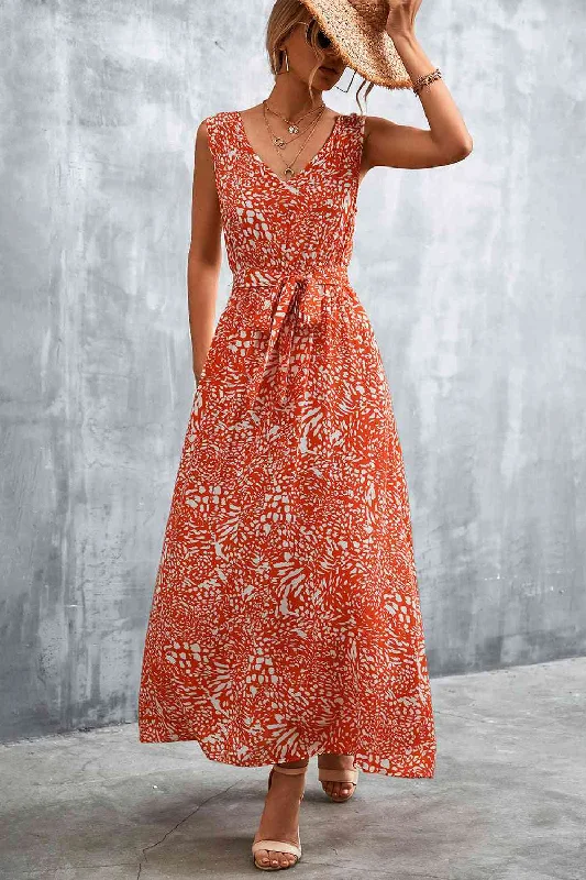 Printed V-Neck Tie Waist Maxi Dress Trendy Maxi Dress with Straps