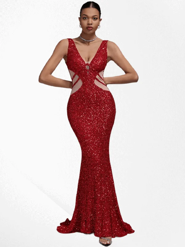 Red Mesh Patchwork Sequins Glitter Maxi Dress Stylish Maxi Dress with Frills