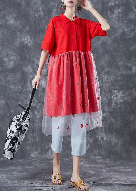 Red Patchwork Tulle Cotton Maxi Dresses Embroideried Summer Trendy Short Sleeve Maxi Dress Red Patchwork Tulle Cotton Maxi Dresses Embroideried Summer Trendy Short Sleeve Maxi Dress