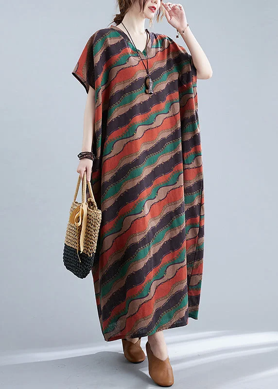Retro Red V Neck Striped Print Cotton Maxi Dresses Short Sleeve Stylish Empire Waist Maxi Dress Retro Red V Neck Striped Print Cotton Maxi Dresses Short Sleeve Stylish Empire Waist Maxi Dress