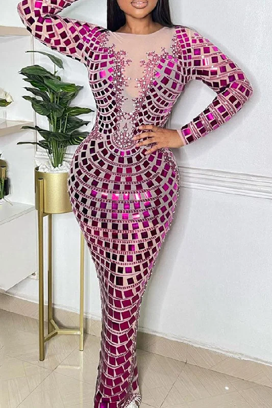 Rhinestone Trim Geometric Print Retro Maxi Dress Comfortable Maxi Dress with Sleeves Rhinestone Trim Geometric Print Retro Maxi Dress Comfortable Maxi Dress with Sleeves