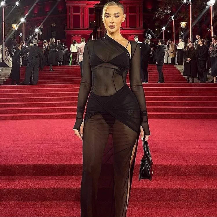 SEE THROUGH BLACK BACKLESS LONG SLEEVE MAXI DRESS Classic A-Line Maxi Dress