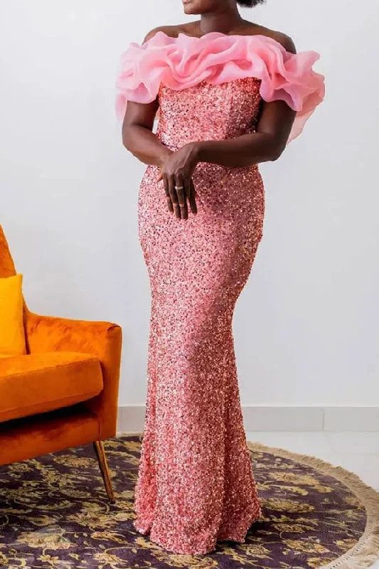 Sequined Luxe Organdy Off Shoulder Fishtail Maxi Dress Stylish V-Neck Maxi Dress