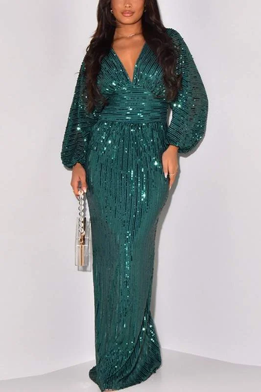 SEQUINS PLUNGING MAXI DRESS Cozy Knitted Maxi Dress