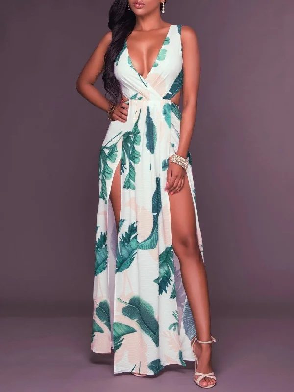 Sexy Printed V Neck Sleeveless Backless Split Maxi Dress Trendy Floral Print Maxi Dress Sexy Printed V Neck Sleeveless Backless Split Maxi Dress Trendy Floral Print Maxi Dress
