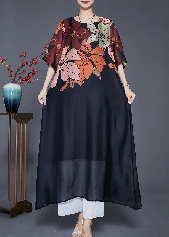 Simple Black Oversized Print Silk Maxi Dresses Summer Stylish Pleated A-Line Maxi Dress Simple Black Oversized Print Silk Maxi Dresses Summer Stylish Pleated A-Line Maxi Dress