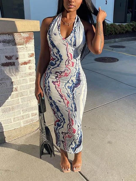 Halter Sleeveless Bodycon V Neck Maxi Dress Chic Button-Up Maxi Dress