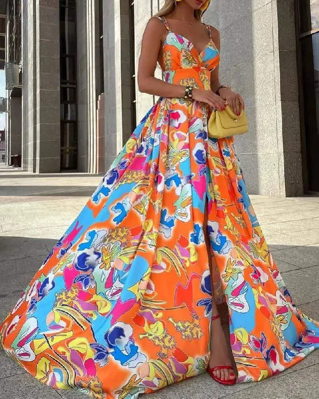 SLEEVELESS HIGH SLIT ALLOVER PRINT MAXI DRESS Elegant Floral Maxi Dress