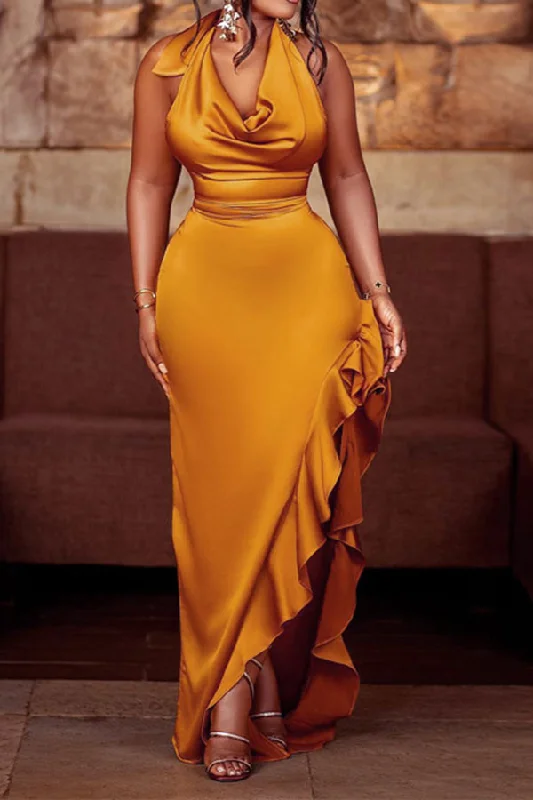 Solid Color Luxe Ruffle High Split Maxi Dress Fashionable Button-Down Maxi Dress