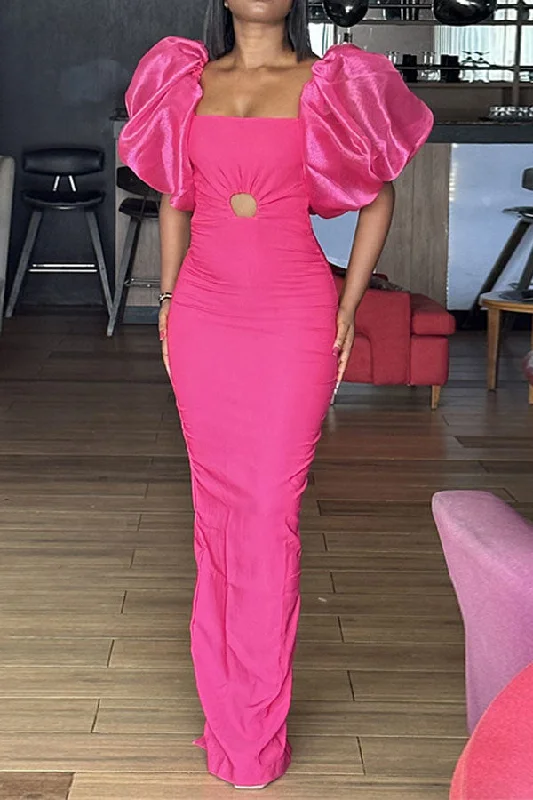 Solid Color Puff Sleeve Retro Cutout Maxi Dress Elegant Sleeveless Maxi Dress