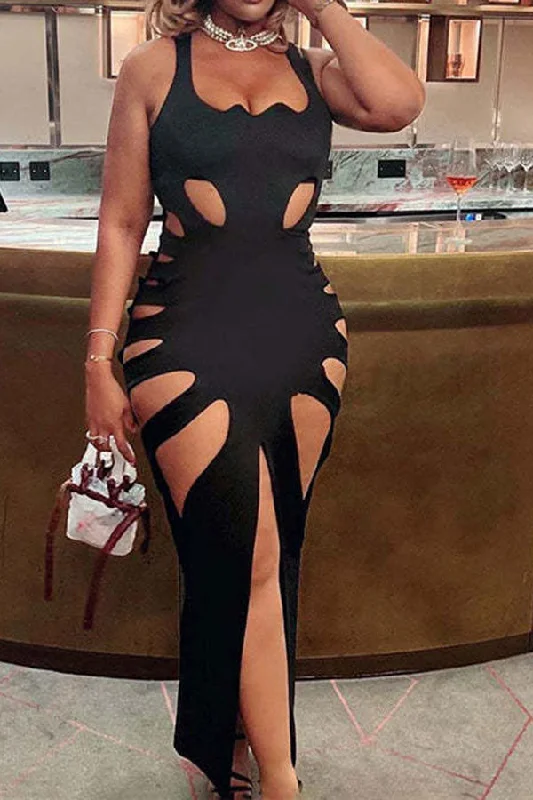 Solid Color Unique Cutout High Split Maxi Dress Trendy Short Sleeve Maxi Dress