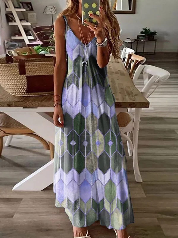 Spaghetti Strap Backless Sleeveless Tie-dye Long Maxi Dress Elegant Maxi Dress with Slit