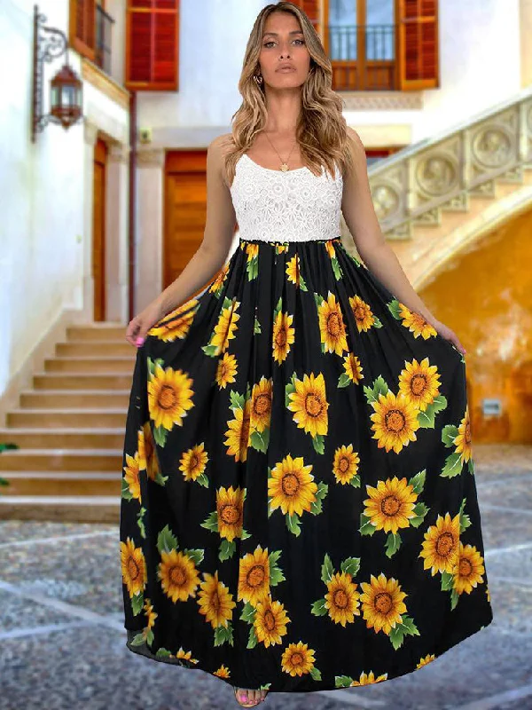 Spaghetti Strap Sleeveless Lace Top Floral Long Maxi Dress Cozy Longline Maxi Dress