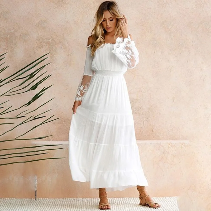 Strapless Long Sleeve Loose Sexy Off Shoulder Lace Boho Women Maxi Dress Women White Beach Dress Trendy Button Front Maxi Dress Strapless Long Sleeve Loose Sexy Off Shoulder Lace Boho Women Maxi Dress Women White Beach Dress Trendy Button Front Maxi Dress