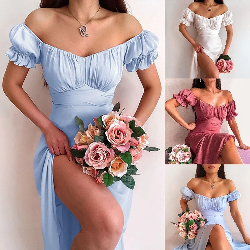 Summer Fairy Dress Women Short Butterfly Sleeve Solid Ruched Party High Split Long Maxi Dress Drawstring Sexy Vestidos Sundress Stylish A-Line Maxi Dress Summer Fairy Dress Women Short Butterfly Sleeve Solid Ruched Party High Split Long Maxi Dress Drawstring Sexy Vestidos Sundress Stylish A-Line Maxi Dress