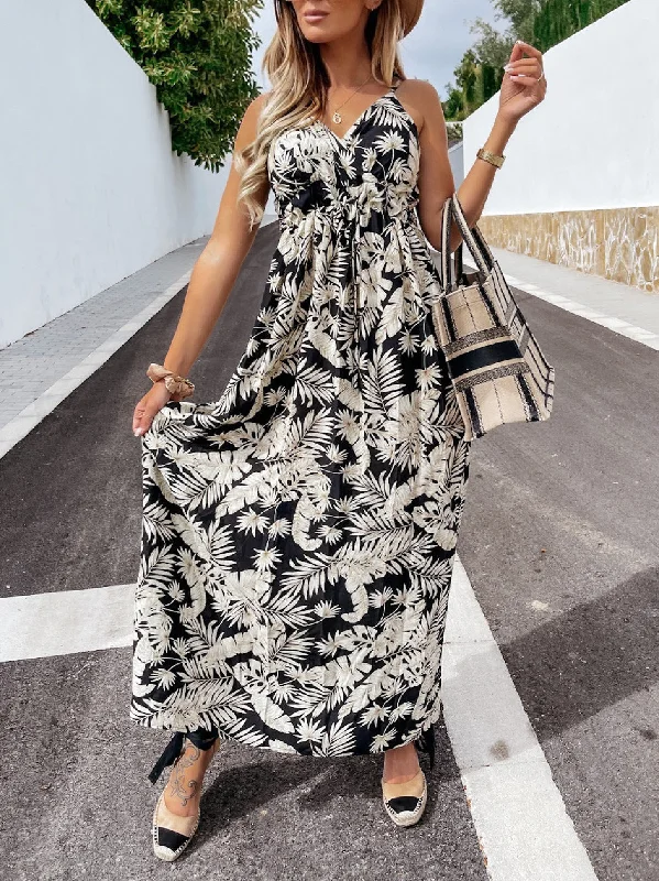 Summer Leaf Print Suspender Maxi Dress Trendy A-Line Maxi Dress