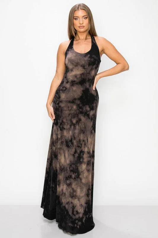 T-Party Black and Taupe Tie Dye Racerback Maxi Dress Comfortable Long-Sleeve Maxi Dress