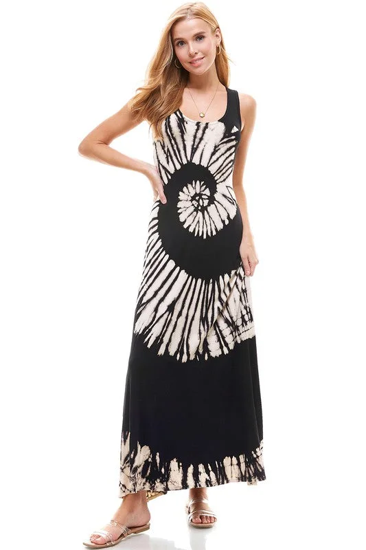 T-Party Black and White Swirl Tie Dye Maxi Dress Comfortable Casual Maxi Dress