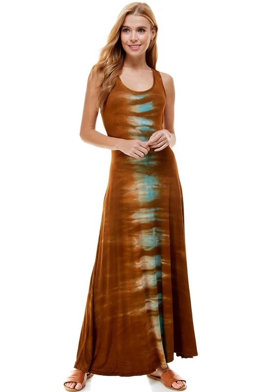 T-Party Brown and Aqua Tie Dye  Racerback Maxi Dress Comfortable Ruffle Maxi Dress