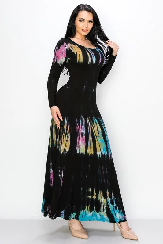 T-Party Multicolor Long Sleeve Tie Dye Maxi Dress Classic A-Line Maxi Dress
