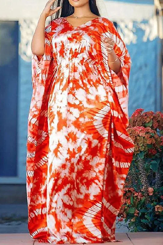 Tie Dye Feminine Batwing Sleeve Maxi Dress Trendy Short Sleeve Maxi Dress