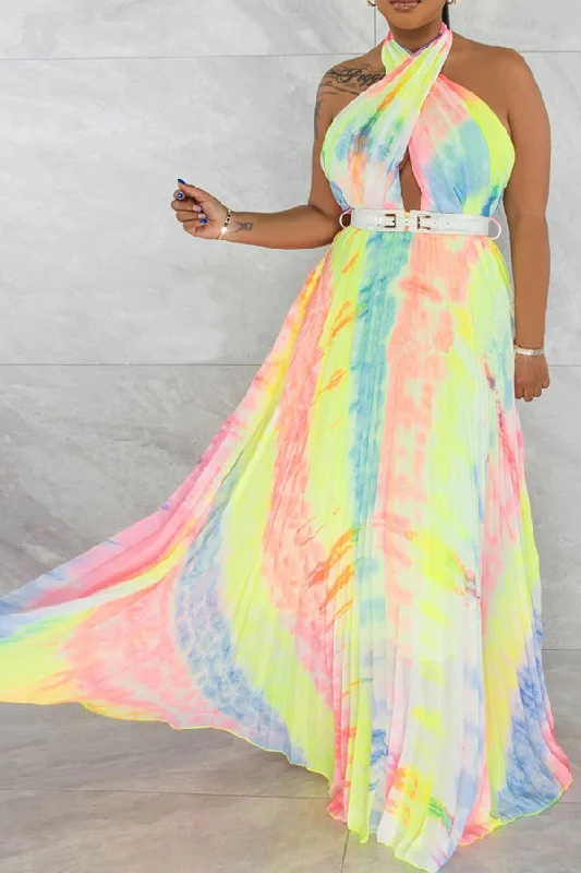 Tie Dye Tropical Backless Pleated Maxi Dress Comfortable Maxi Dress with Belt