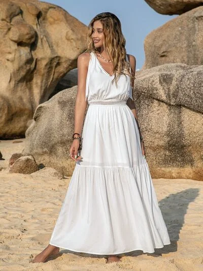 V-Neck Tie Shoulder Crochet Maxi Dress Elegant Lace-Up Maxi Dress