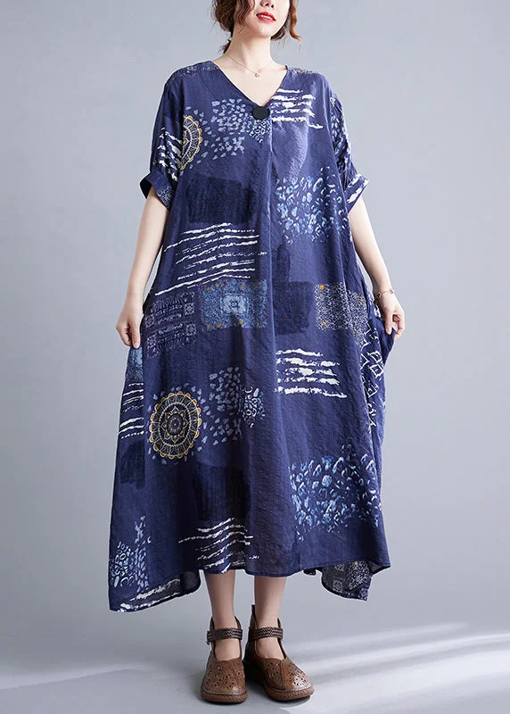 Unique Blue V Neck Print Maxi Dresses Short Sleeve Stylish Longline Maxi Dress