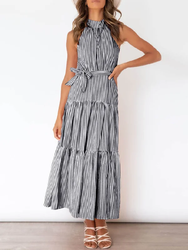 Waist Tie Halter Neck Sleeveless Maxi Dress Fashionable Off-Shoulder Maxi Dress