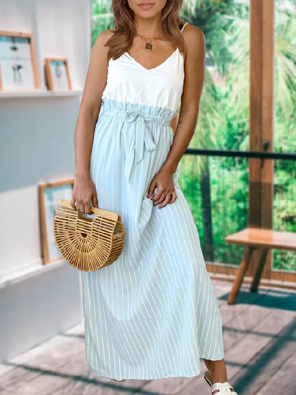 Waist Tie V Neck Spaghetti Strap Maxi Dress Trendy Maxi Dress with Lace