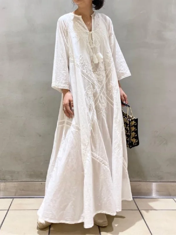 White Casual Long Dress Women Oversize Lace Up Dress Female Loose V Neck Embroidered Dress Ladies Cotton Linen Beach Maxi Dress Stylish Pleated A-Line Maxi Dress White Casual Long Dress Women Oversize Lace Up Dress Female Loose V Neck Embroidered Dress Ladies Cotton Linen Beach Maxi Dress Stylish Pleated A-Line Maxi Dress
