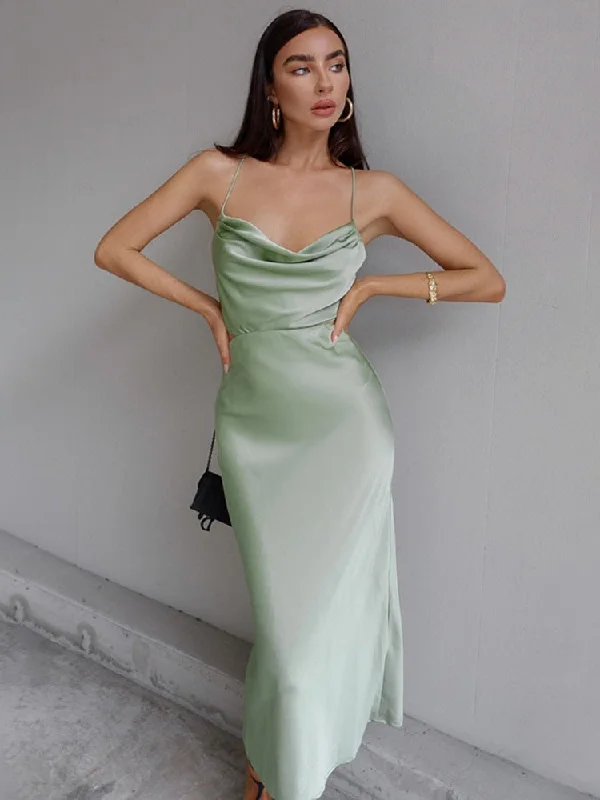 White Maxi Dress Women Satin Backless Pile Collar Spaghetti Strap Evening Sexy Elegant Party Outfits Floor Length y2k Dress Comfortable Pleated Maxi Dress