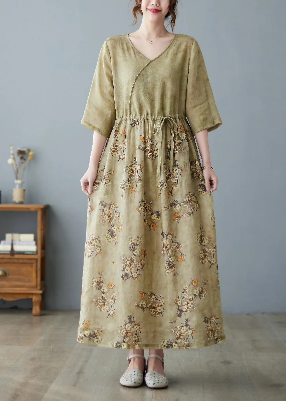 Women V Neck Print Drawstring Linen Maxi Dress Half Sleeve Comfortable Satin Maxi Dress Women V Neck Print Drawstring Linen Maxi Dress Half Sleeve Comfortable Satin Maxi Dress