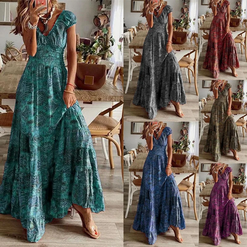 Women Vintage Long Dresses  Summer Floral Print Bohemian Beach Sundress Female Casual V Neck Big Swing Maxi Dresses Vestidos Elegant Maxi Dress with Slit